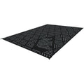 Black Grey Kuma Striped Peaks Outdoor RV Mat 12x9 - Angled View with Bear Logo | United RV Parts