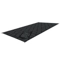 Black Grey Kuma Striped Peaks Outdoor RV Mat 18x9 - Angled View with Bear Logo | United RV Parts