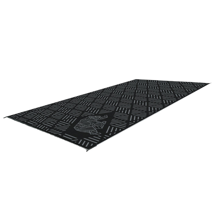 Black Grey Kuma Striped Peaks Outdoor RV Mat 18x9 - Angled View with Bear Logo | United RV Parts