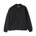 Black Layover Bomber Jacket displayed flat, featuring a full-length zip closure and ribbed cuffs and hem