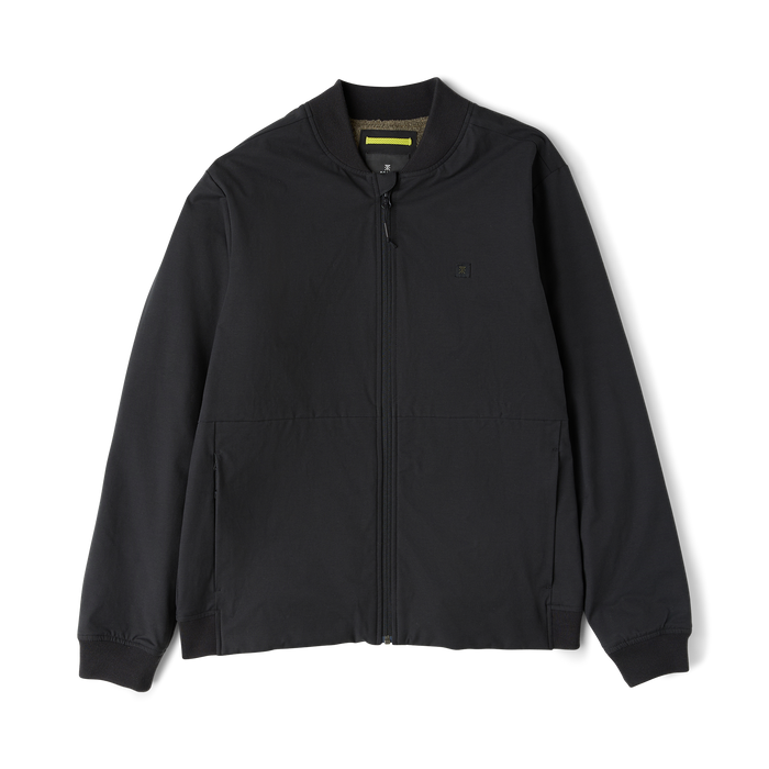 Black Layover Bomber Jacket displayed flat, featuring a full-length zip closure and ribbed cuffs and hem