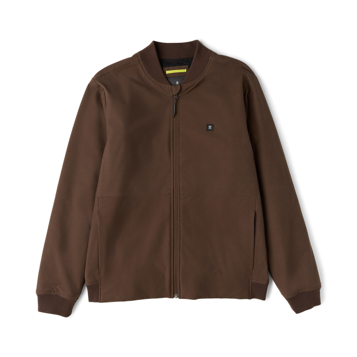 Brown Layover Bomber Jacket with full zip front, ribbed collar and cuffs, displayed flat on white background