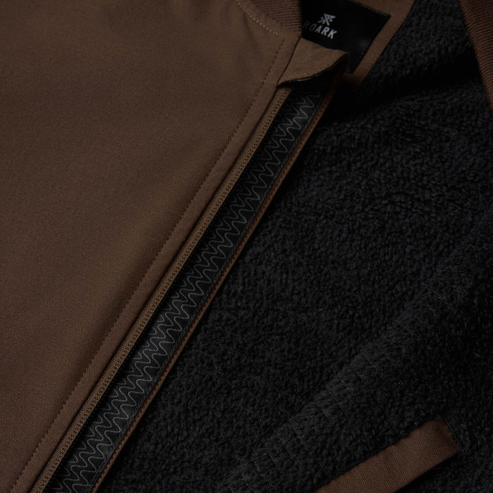 Layover Bomber Jacket in tobacco brown with black fleece lining and decorative stitched trim