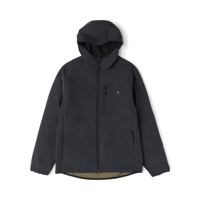 Black Layover Jacket with hood and fleece lining displayed flat lay on white background