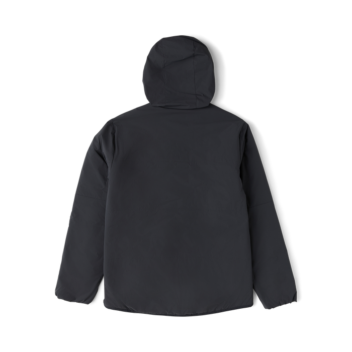 Black Layover Jacket displayed from the back, showing hood and quilted nylon construction on white background