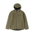 Olive green Layover jacket with hood and black interior lining displayed on flat lay against white background