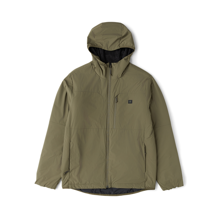Olive green Layover jacket with hood and black interior lining displayed on flat lay against white background