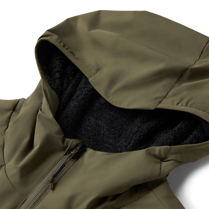 Khaki Layover Jacket with black fleece-lined hood and full front zipper, detail view of interior lining
