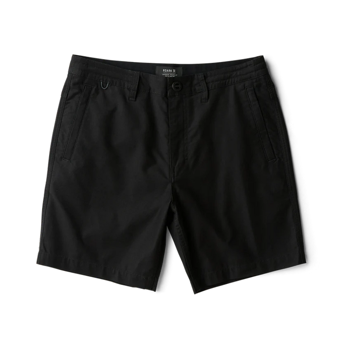 Black Layover Pro 8" Traveler Shorts displayed flat lay with front pockets and button closure visible