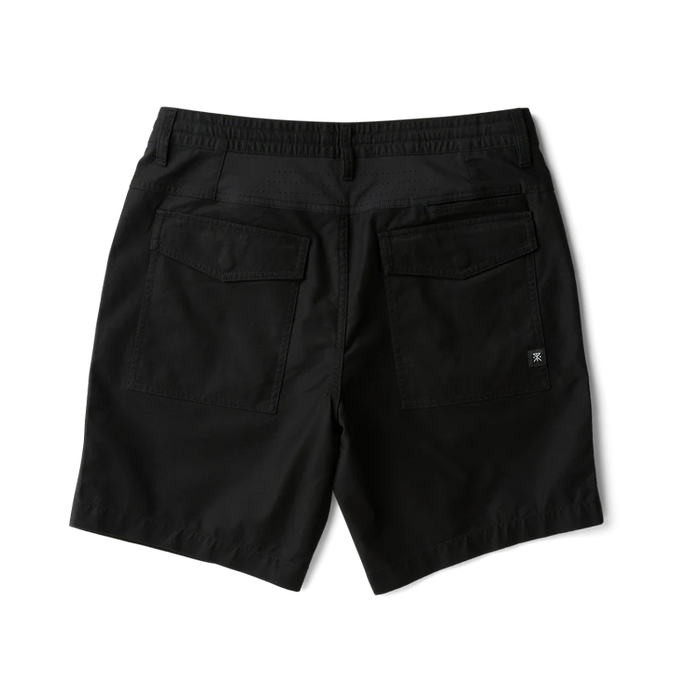 Black Layover Pro 8" Traveler Shorts displayed flat lay showing back view with flap pockets and elastic waistband