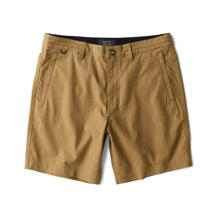Layover Pro 8" Traveler Shorts in dark khaki with flat lay view showing front pockets and button closure