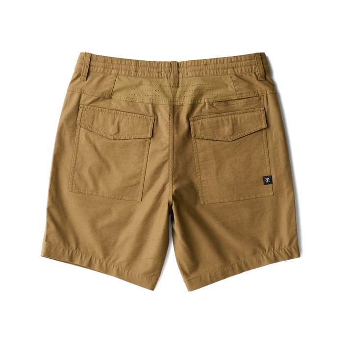 Tan Layover Pro 8" Traveler Shorts with cargo pockets, displayed flat lay from back view on white background