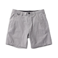 Light grey Layover Pro 8" Traveler Shorts with front pockets and button fly closure, displayed flat on white background