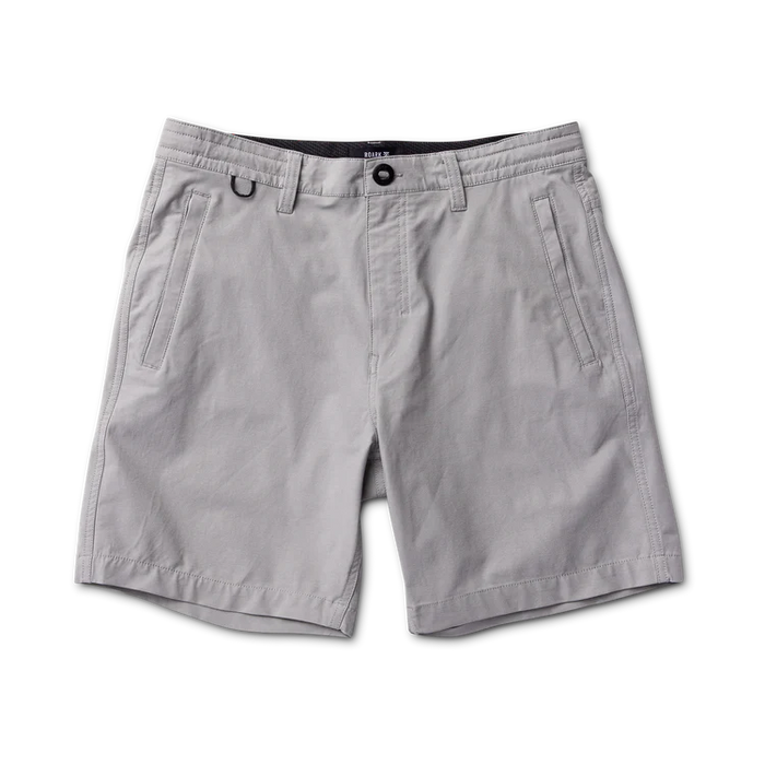 Light grey Layover Pro 8" Traveler Shorts with front pockets and button fly closure, displayed flat on white background