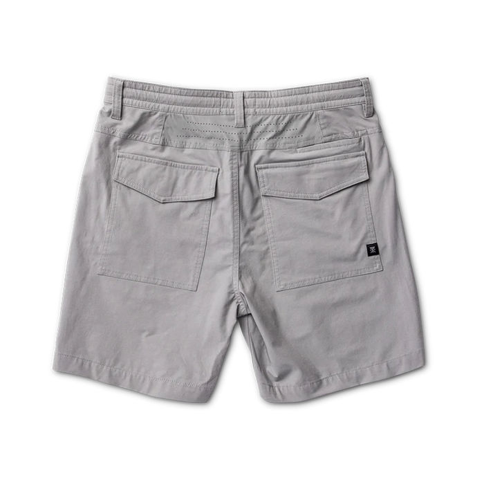 Roark Layover Pro 8" Traveler Shorts in grey, displayed flat lay from back view showing cargo pockets and center seam