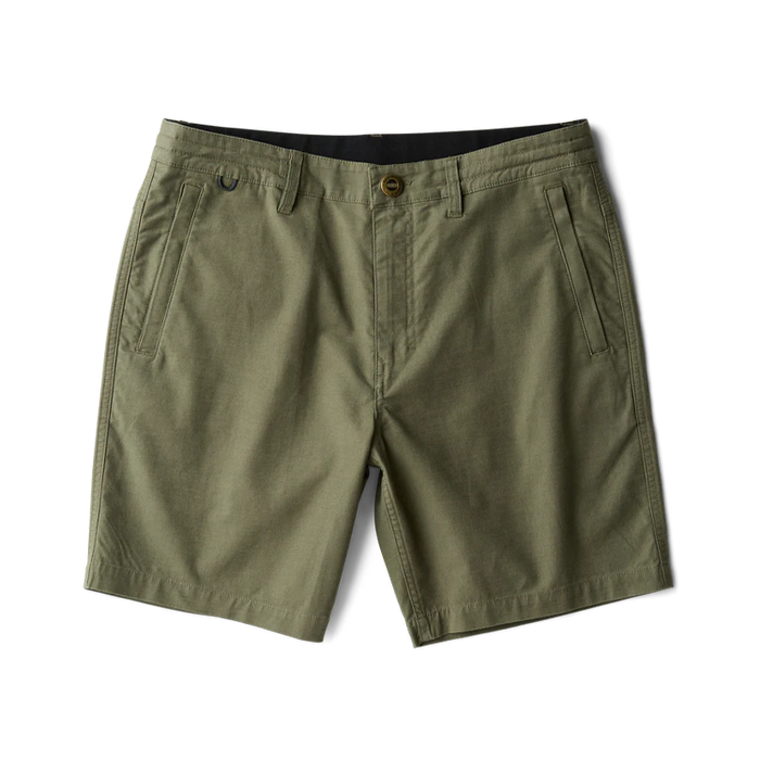 Layover Pro military green eight-inch traveler shorts with flat front pockets displayed on white background