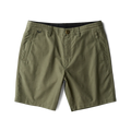 Layover Pro military green eight-inch traveler shorts with flat front pockets displayed on white background