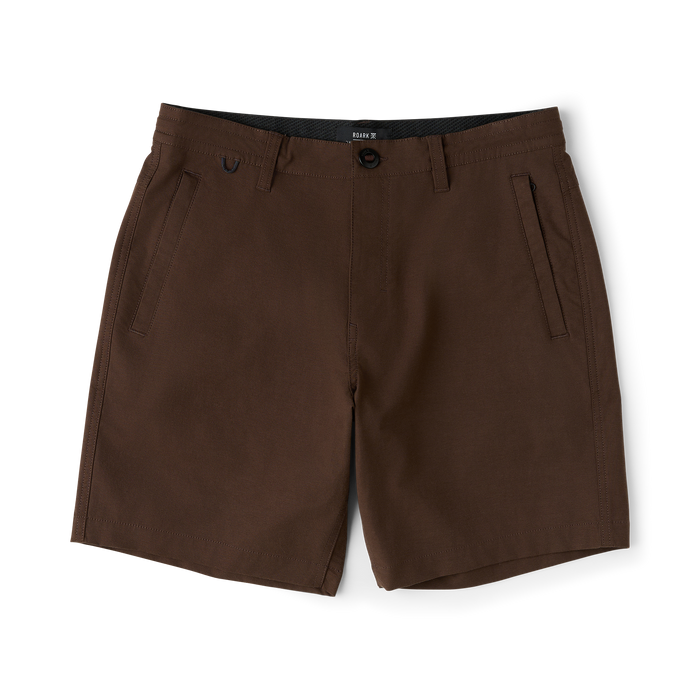 Brown Layover Pro 8" Traveler Shorts with front pockets and button closure displayed flat lay against white background