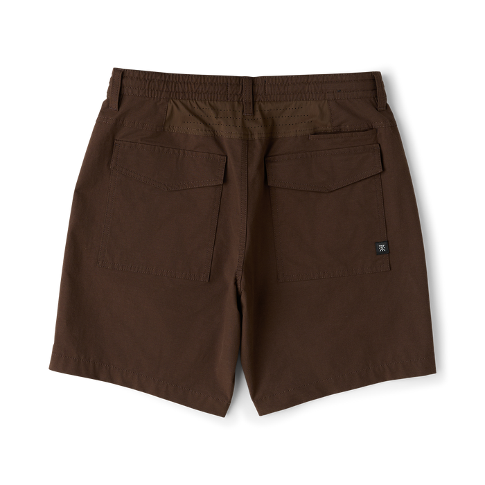 Brown Layover Pro 8" Traveler Shorts with flap back pockets, displayed flat lay against white background
