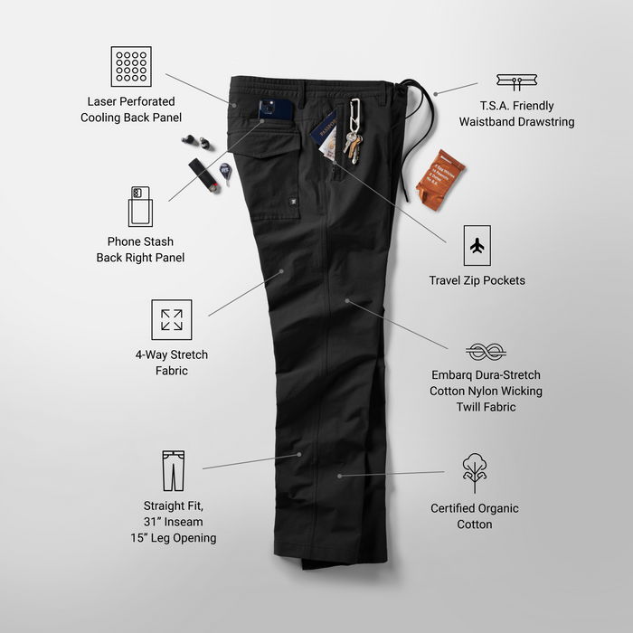 Black Roark Layover Pro Traveler Pants displayed flat lay showing laser perforated cooling back panel, phone stash pocket