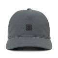 Charcoal Layover Strapback Hat with small embroidered logo patch on front, displayed against white background