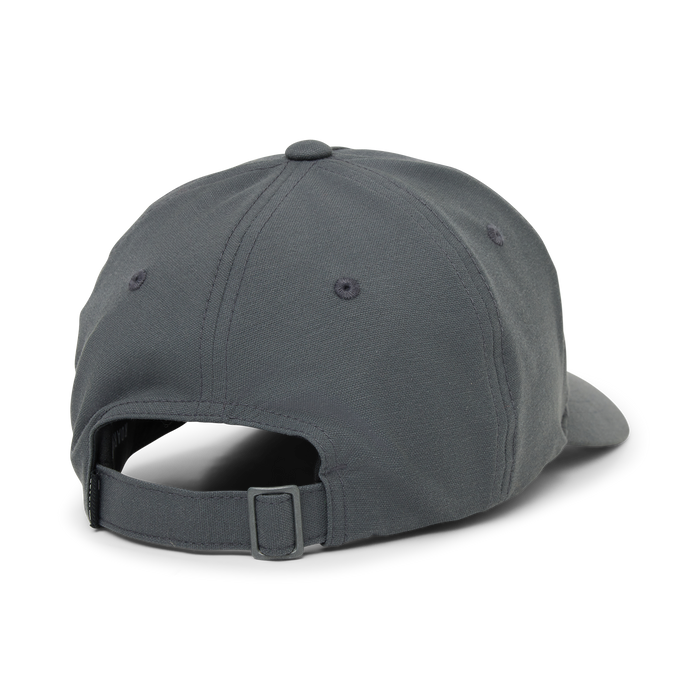 Charcoal gray Layover Strapback Hat shown from back angle, displaying adjustable metal buckle strap closure and structured crown design