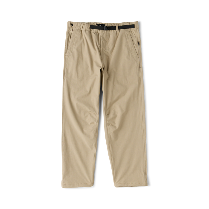 Beige Layover Trail Pants displayed flat lay, showing full length with black belt and side zip pockets