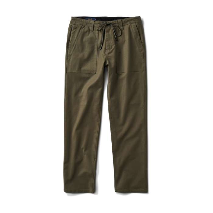 Roark Layover Utility Pants in Military, showcasing a close-up of the front of the pants.