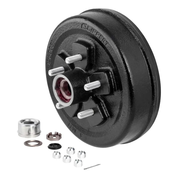 Lippert 10" Cast Iron Brake Hub Kit 2024013264 - Angled View with Hardware, 5 on 4.5" Bolt Pattern | United RV Parts