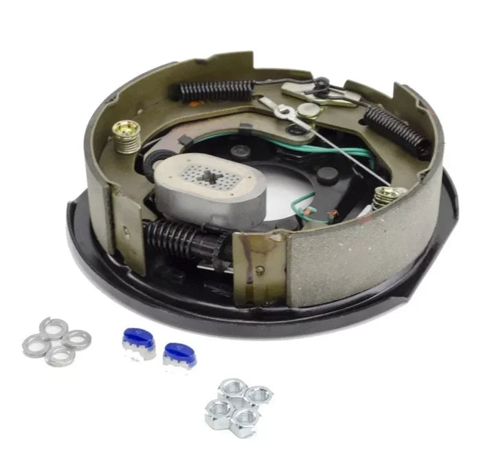 Lippert 10" Electric Brake Assembly 296649 Left Hand - Angled View with Hardware Kit | United RV Parts