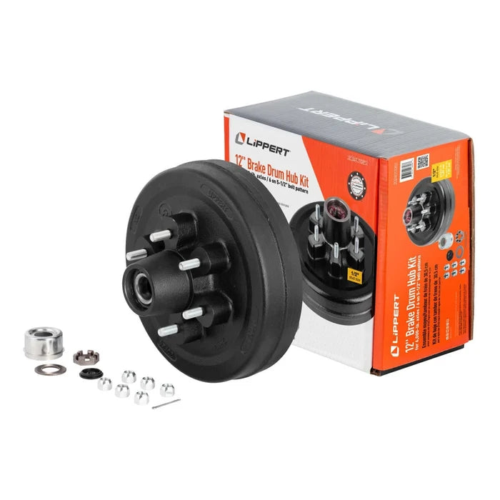 Lippert 12" Brake Hub Kit 2024013262 with hardware components and retail box - Front Angle | United RV Parts
