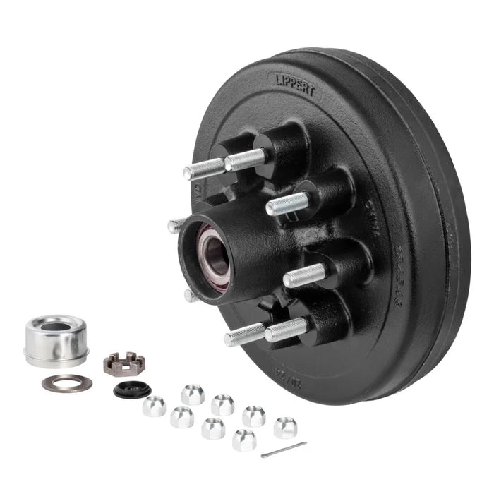 Black Cast Iron Brake Hub - Front Angle with Lug Studs and Hardware Kit | United RV Parts