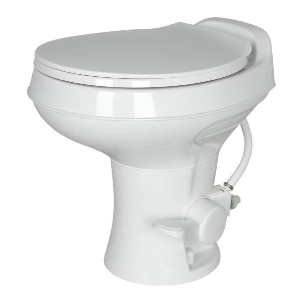 White Plastic Lippert Flow Max RV Toilet - Side Angle View | United RV Parts