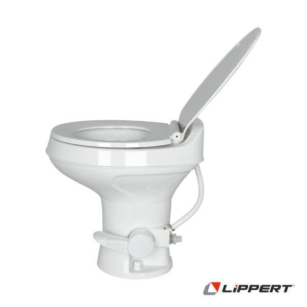 White Lippert Flow Max RV Toilet - Open Lid Side View | United RV Parts