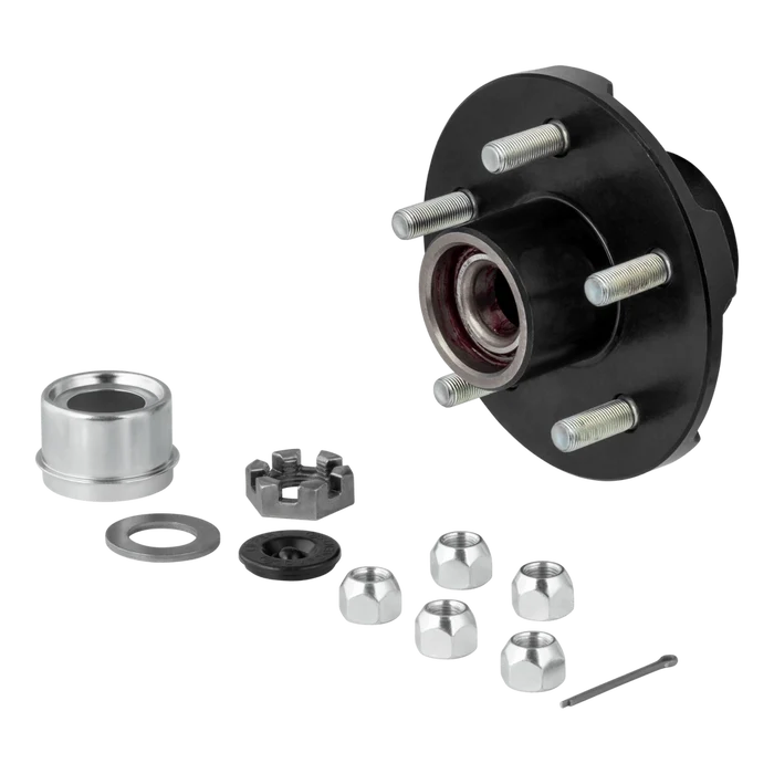 Black Lippert Idler Hub Kit with lug nuts, dust cap, spindle nut and cotter pin - Angled View | United RV Parts
