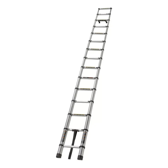 Silver Aluminum Lippert On-The-Go 14'6" Telescopic Ladder - Full Extended Side View | United RV Parts