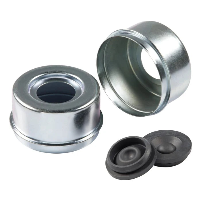 Silver Steel Press-In Wheel Bearing Dust Caps with Rubber Plugs, 2-Pack - Top Angle | United RV Parts