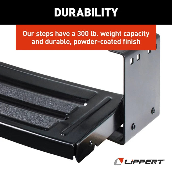 Lippert RV Manual Step Close-Up - 300 lb Capacity Black Powder-Coated Steel Tread Detail | United RV Parts