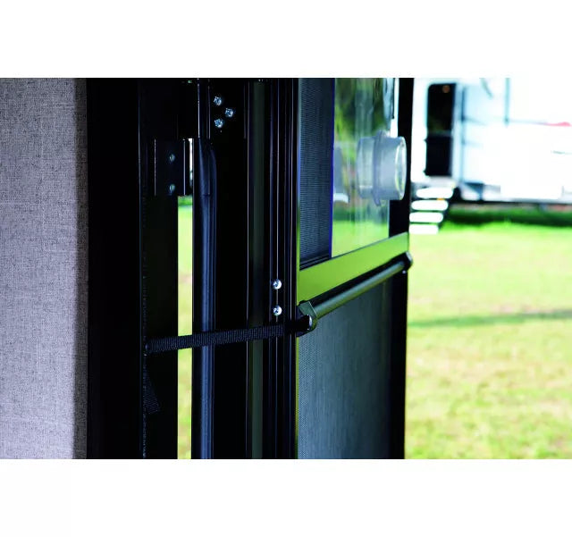 Black Lippert Screen Shot Automatic Door Closer Installed on RV Screen Door | United RV Parts