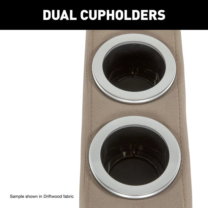 Thomas Payne Seismic RV Theater Seating Center Console - Dual Cup Holders Close-Up Detail in Driftwood | United RV Parts