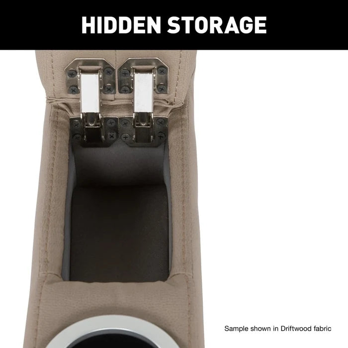 Thomas Payne Seismic RV Theater Seating Center Console - Hidden Storage Compartment Open Detail in Driftwood | United RV Parts