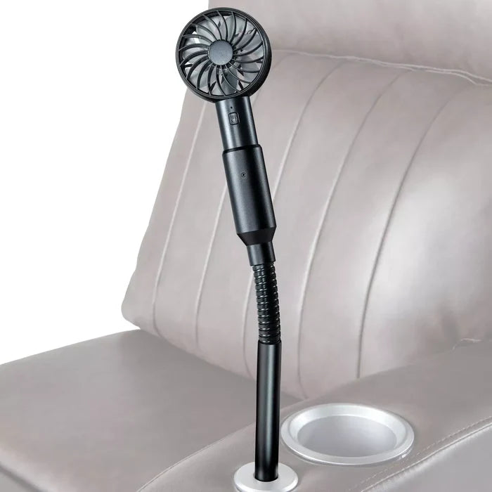 Black Lippert Thomas Payne Three-Speed Portable Fan mounted in RV seat cup holder - Lifestyle View | United RV Parts