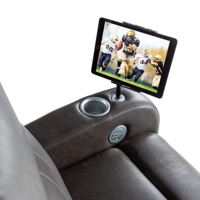 Thomas Payne Wireless Cradle Holding Tablet on Brown RV Furniture Armrest with Cup Holder - In-Use View | United RV Parts
