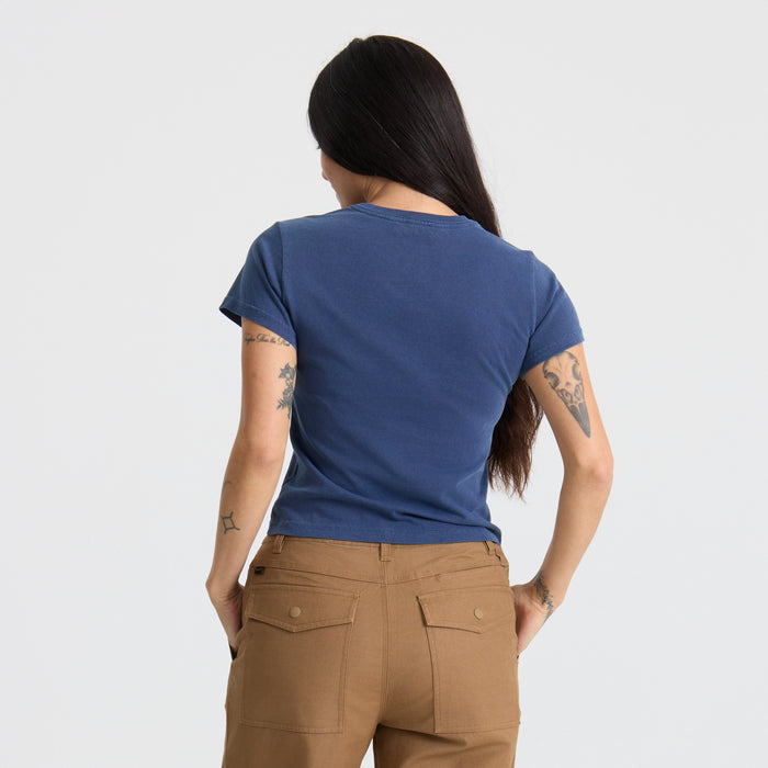 Close-up of a stylish nep textured Muse Tee with denim accents, emphasizing adventure-ready fashion and durability.