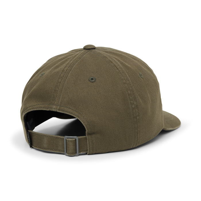 Washed military green six panel strapback hat with adjustable metal buckle closure shown from back angle view