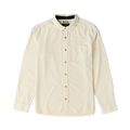 Cream long sleeve button up shirt with wood tone buttons and chest pocket displayed on flat lay against white background
