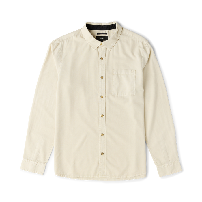 Cream long sleeve button up shirt with wood tone buttons and chest pocket displayed on flat lay against white background
