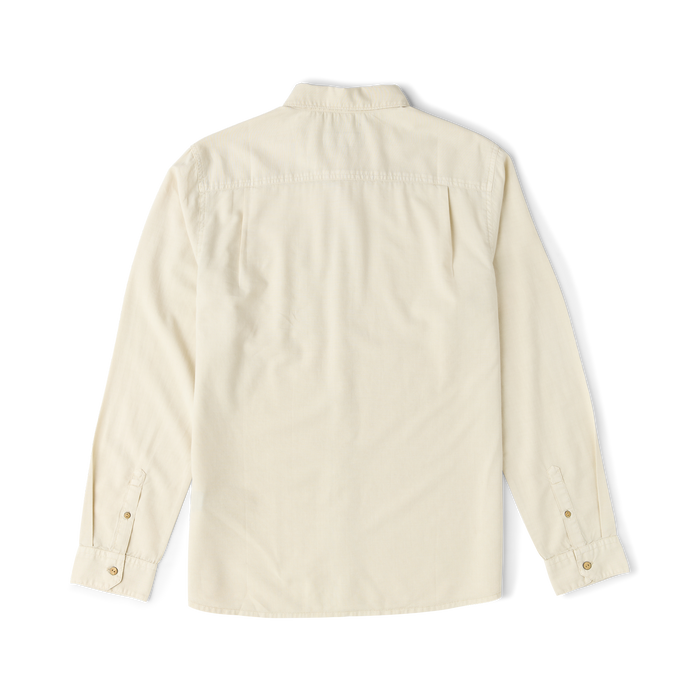 Cream-colored long sleeve button-up shirt with collar and button cuffs, displayed flat lay against white background