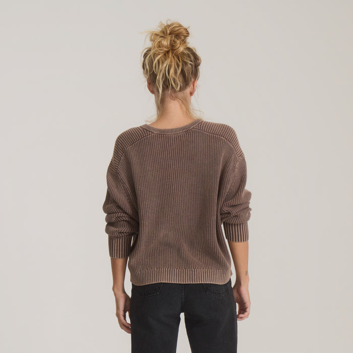 Made To Fade long sleeve sweater in coco bean brown, worn by model shown from back view with black jeans
