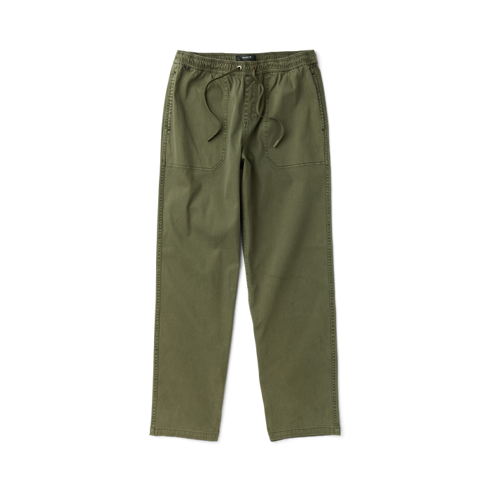 Olive green Roark Made To Fade pants with drawstring waistband and visible seam stitching details displayed flat lay